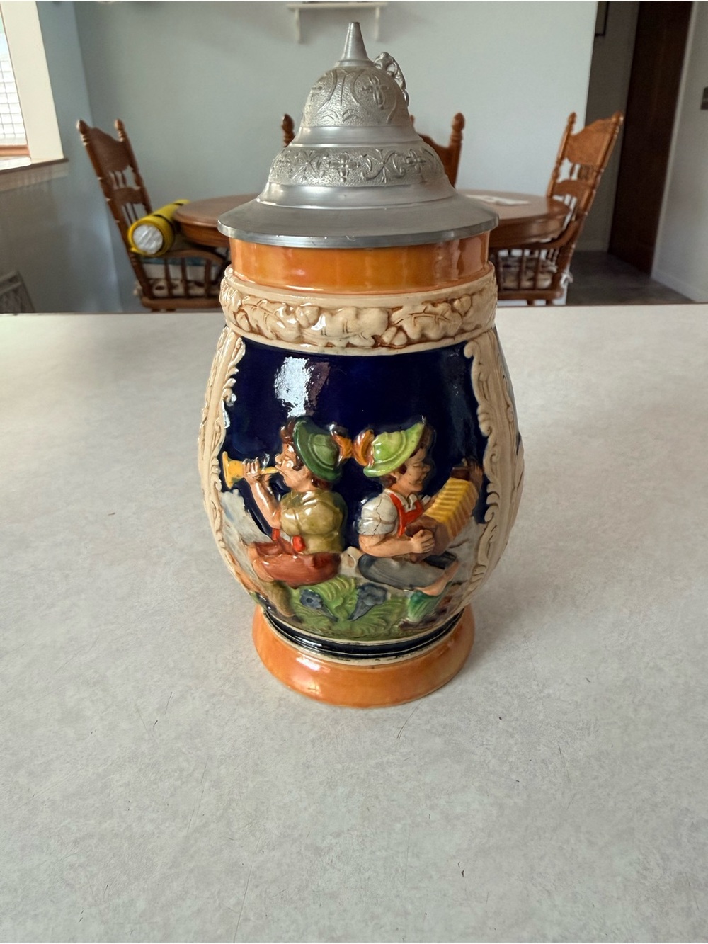 Vintage German-Style Ceramic Beer Stein with Pewter Lid